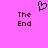 A static image with a bright pink background displays two identical text blocks reading "The End" in dark brown pixelated font, each accompanied by a black heart-shaped icon above.