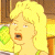 A 4-frame animated contact sheet showing a cartoon character with blonde hair in various facial expressions against a kitchen background.
