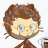 Pixelated character with brown curly hair, light skin, blue eyes, and a small smile, wearing a red and brown outfit with a green accent, holding a white coffee cup with steam.