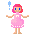 Pixel art character with pink hair and dress in three poses: arms outstretched, hands on head, and arms at sides.