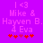 Pixelated purple background with pink text and red stars, showing 'I <3 Mike & Hayven B. Eva' in two identical side-by-side arrangements.