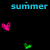 Pixelated text and heart shapes in cyan, pink, green, and white on a black background with no visible motion.