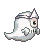 Pixelated ghost-like figure with white body, dark eyes, and striped headband in five sequential poses showing movement from left to right.