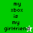 Green and white pixelated text displays 'my xbox is my girlfriend' with a star symbol, transitioning between two color schemes.
