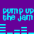 Pixelated cyan text and audio waveforms on a solid purple background, with repeated phrases and changing bar patterns.