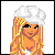 Pixel art contact sheet showing a blonde female character in chef attire across six frames with varying poses and partial text "ALORT".