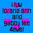 Blue background with pink heart shapes and repeated black text reading "iluv lorana ann and gabby lee 4ever" in a pattern
