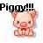 Pixelated pink piglet with small ears and dark eyes, standing upright with a bow tie, above bold black text reading "Piggy!!!" on a light background.