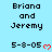 Pixelated text displays 'Briana and Jeremy' with date '5-8-05' and red heart symbols on light blue background.