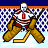 Animated hockey goalie icon in pixel art style showing five sequential poses on a blue-and-white checkered background with orange border.