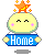 Pixelated yellow character with closed eyes, pink cheek marks, holding blue sign reading 'Home', orange star on head with small stars above it.