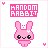 Pixel art bunny head with closed eyes and pink color scheme, surrounded by heart motifs on white background.