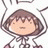 Pixelated anime-style character with brown hair and closed eyes in a white hooded outfit, next to black background with white text.