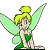 Pixelated fairy character with blonde hair in a bun, green top and skirt, seated pose, wings change color across frames.