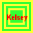 Four green square frames with yellow borders display the red text 'Kelsey' in pixelated font, each frame showing a different arrangement of nested squares.