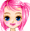 A pink-haired cartoon girl with blue eyes and a heart-shaped hair clip displays multiple facial expressions including smiling, winking, and closing her eyes.