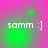 Pixelated text 'samm :]' on a pink-to-green gradient background with shifting circular light effects.
