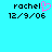 Pixelated text and date on cyan background with one instance of pink heart symbol replacing the 'l' in 'rachel'.