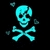 Pixelated cyan skull and crossbones symbol on black background with scattered heart shapes.