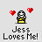 Pixel art icon with a character holding yellow objects, two red hearts floating above, and text reading "Jess Loves Me!" below.