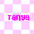 Pixelated pink text 'TANYA' appears on two distinct background patterns: a checkerboard and a diamond , both in light purple tones