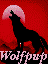 A static image shows a black wolf silhouette howling at a red moon with 'Wolfpup' text below on a pink background.