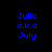 Four display blue pixelated text 'Julio a.k.a July' on black, dark red, bright red, and deep red backgrounds with no animation