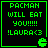 Green pixelated text on black background with Pac-Man icon, reading "PACMAN WILL EAT YOU!!!!! !LAURA<3" in four identical