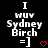 Black background with white pixelated text reading "I WUV Sydney Birch =]" and a red heart symbol, showing two animation frames where the heart changes from solid to outlined.