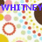 Pixelated image with blue text 'WHITNEY' overlaid on a background of multicolored squares and circles in yellow, red, green, and brown tones.