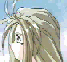 Animated sequence of a character with light brown hair and a small black mark on the forehead, turning from side to side against a light blue background.