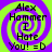 A four- of identical pixelated icons with purple and green spiral backgrounds, each displaying text "Alex Hamner I Hate You! =D" in black block letters