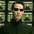 Pixelated static image of a person in dark clothing with dark sunglasses, surrounded by green-tinted grid panels containing smaller pixelated figures.