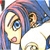 Pixelated character face with blue and pink hair, large blue eyes, and a slightly open mouth against a white background.