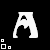 A 6-frame animated contact sheet showing a white stick figure with an A-shaped head and bent arms, accompanied by cyan and white squares that change position across frames on a black background.