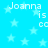 Blue background with white stars and repeated text "Joanna is cc" in pixelated font.
