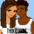 A pixelated contact sheet showing two frames of an animated buddy icon with cartoon characters and blue text on a white background.