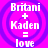 Four identical pixelated icons display 'Britani + Kaden = love' text over a purple spiral background on bright pink.