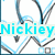 Pixelated icon with cyan text 'Nickiey' over abstract blue and gray shapes on white background.