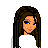 Pixel art of a female character with long brown hair, blue eyes, white top, red skirt, and black sandals standing against white background.