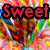 A colorful, pixelated image with swirling rainbow patterns and bold text reading "Sweet as sugar" in red and white lettering.