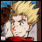 Pixelated anime-style character with spiky blonde hair, green eyes, and red clothing, next to black background with white text.