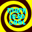 Four identical spiral patterns with yellow and dark brown rings, each containing cyan text reading "FRANK IS COOL" in a pixelated font.
