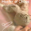A pixelated rabbit-like figure with glasses held by hands, featuring 'Master of Chaos' text at the top and a white heart-shaped line on the left.