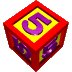 red cubes with yellow faces displaying purple '5' symbols, each cube rotated to show multiple sides against a gray background