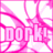Pixelated pink and white graphic with bold text 'DORK' and 'KID' in blocky letters, surrounded by abstract pink lines on a white background.