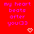 Red background with pink pixelated text reading 'my heart beats after you<33' and two white pixelated hearts at the bottom.