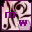 six square with a swirling dark pattern on light pink background, each containing two pixelated letters 'm' and 'w' in varying shades of purple and pink