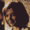 Six pixelated portrait views of a woman with dark hair and light skin, arranged in a with varying backgrounds and expressions