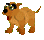 Pixelated cartoon dog with brown fur, black nose, green eyes, and red tongue in three sequential poses showing head turn from left to right.